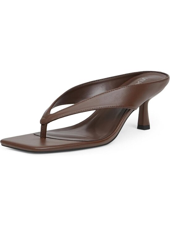 Shoes - Women’s Brown Square Open Toe Low Kitten Heels Flip Flop Slip On Slide Shoes